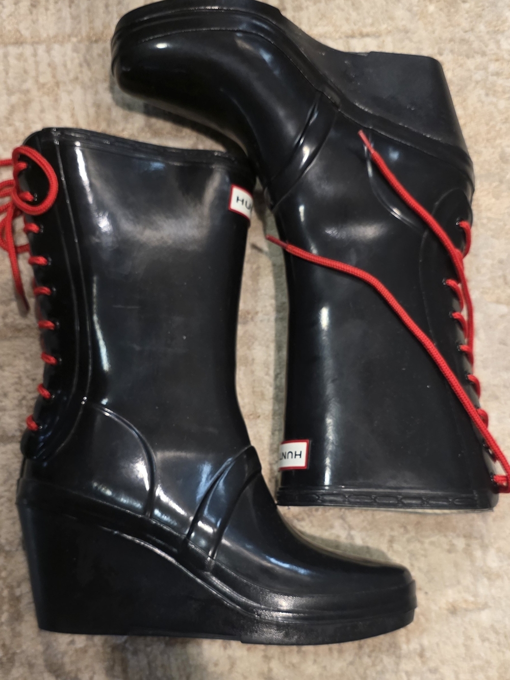 Hunter Black Wedge Rain Boots with Red Laces